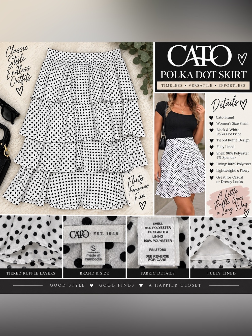 Cato Black & White Polka Dot Tiered Mini Skirt
